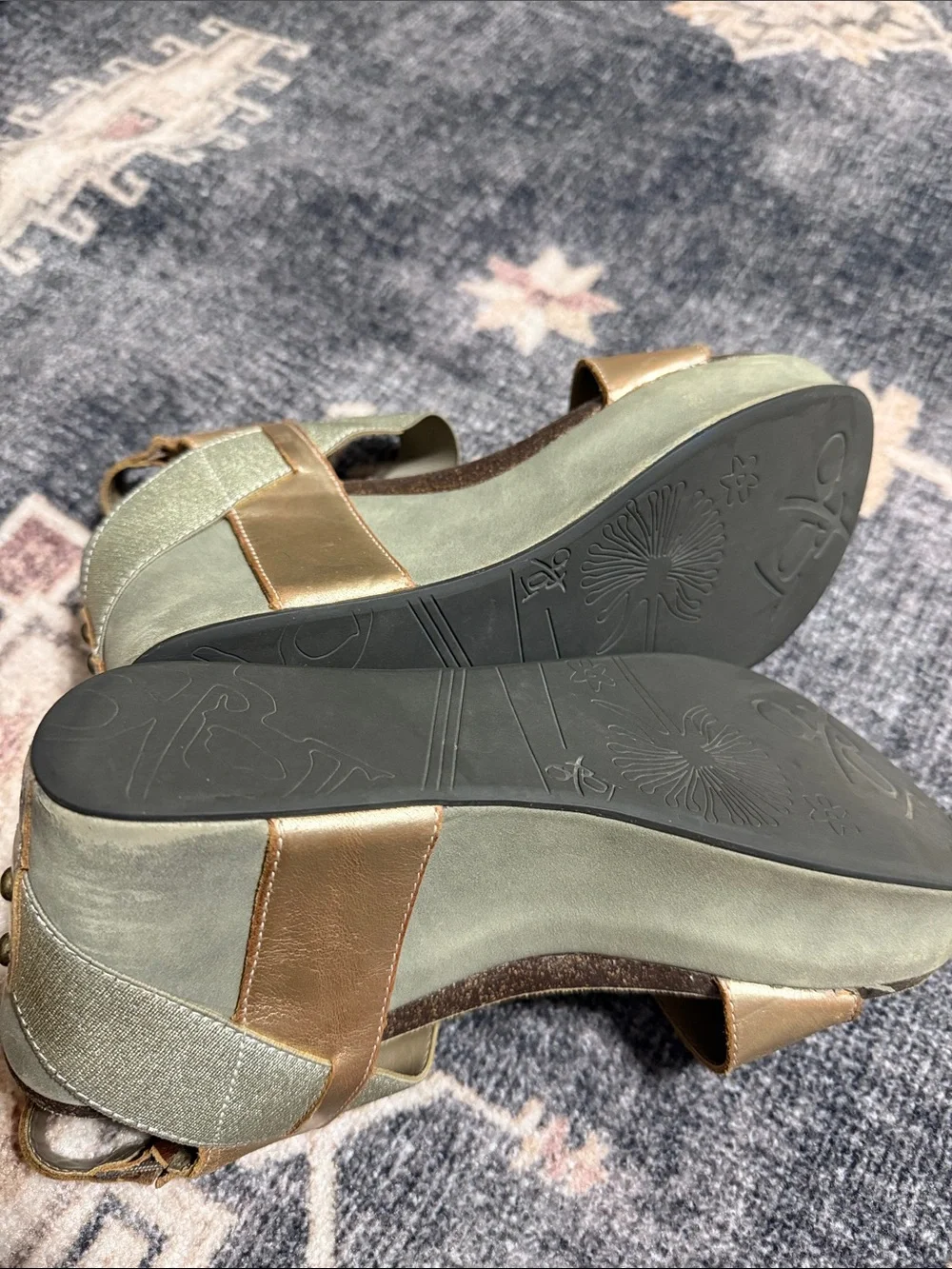 OTBT Metallic Gold and Olive Wedge Sandals